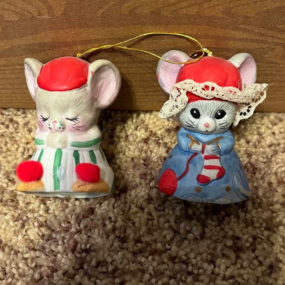 Festive Mouse Bell Ornaments with Red Hats